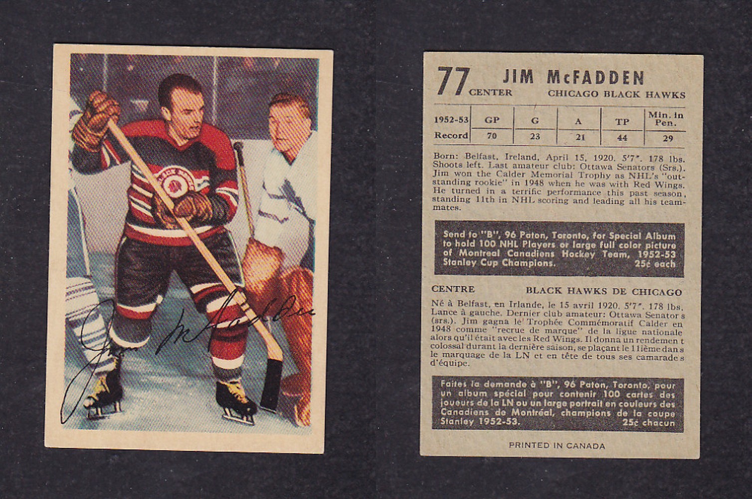 1953-54 PARKHURST HOCKEY CARD #77 J. McFADDEN photo