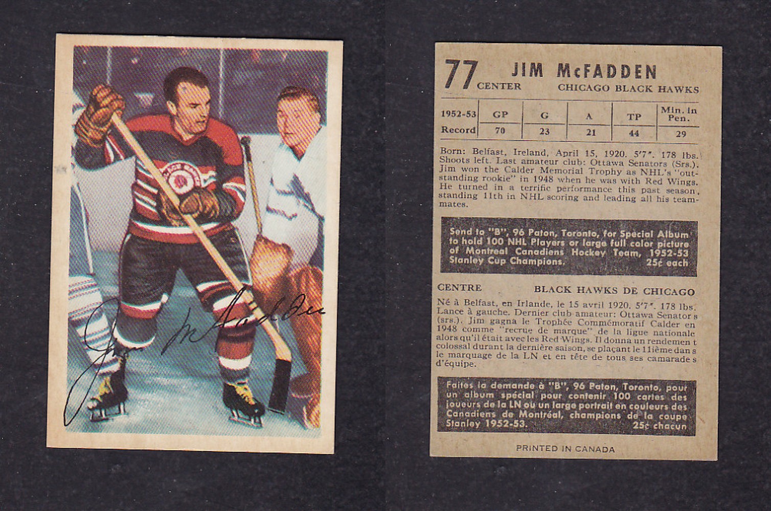 1953-54 PARKHURST HOCKEY CARD #77 J. McFADDEN photo