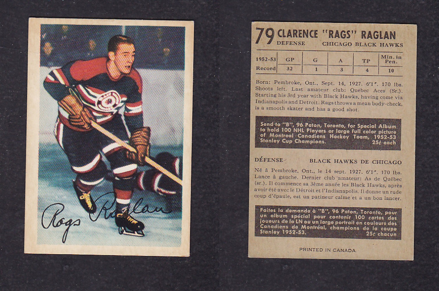 1953-54 PARKHURST HOCKEY CARD #79 C. RAGLAN photo