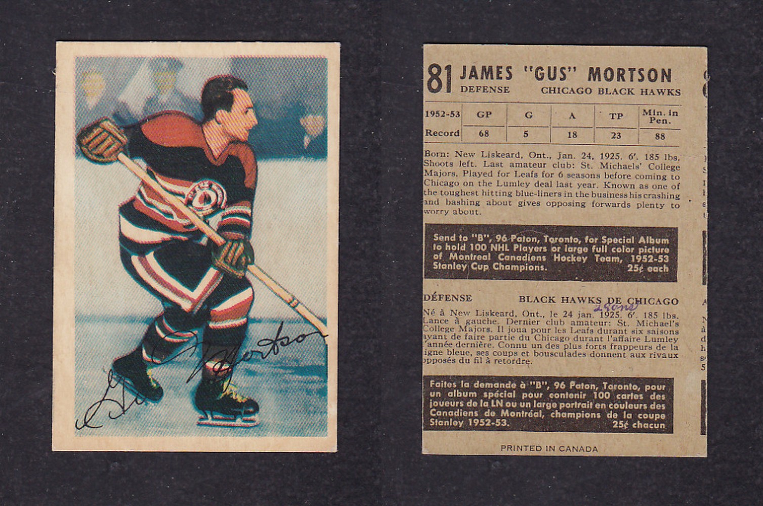 1953-54 PARKHURST HOCKEY CARD #81 J. MORTSON photo