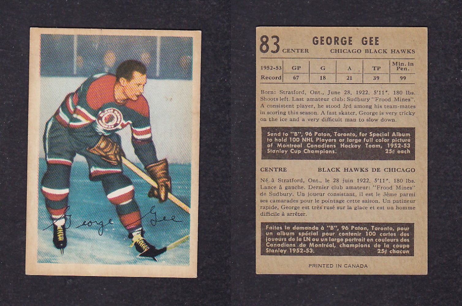 1953-54 PARKHURST HOCKEY CARD #83 G. GEE photo