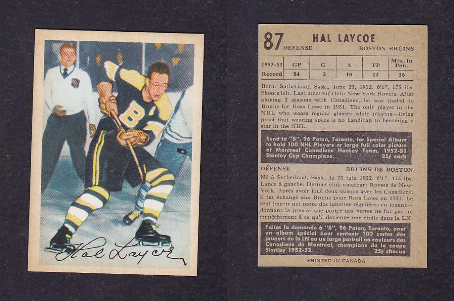 1953-54 PARKHURST HOCKEY CARD #87 H. LAYCOE photo