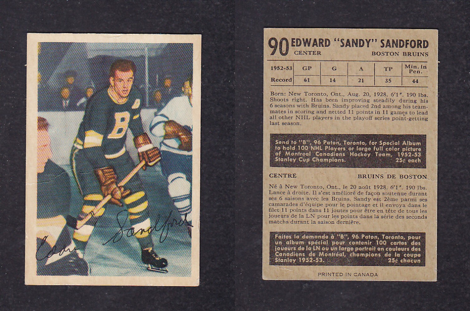 1953-54 PARKHURST HOCKEY CARD #90 E. SANDFORD photo