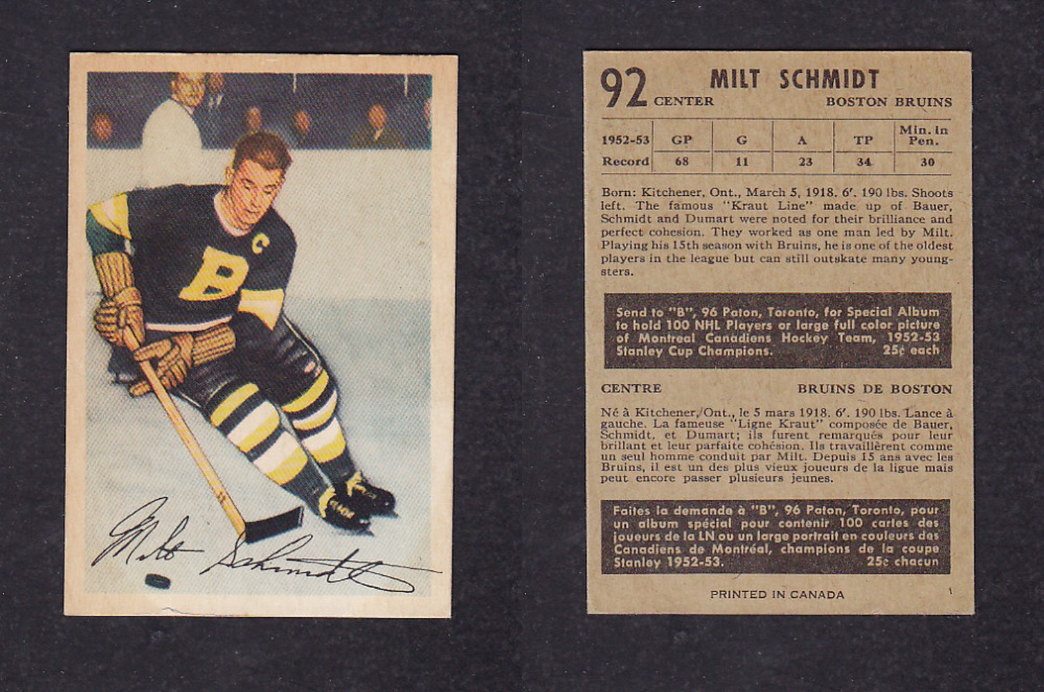 1953-54 PARKHURST HOCKEY CARD #92 M. SCHMIDT photo