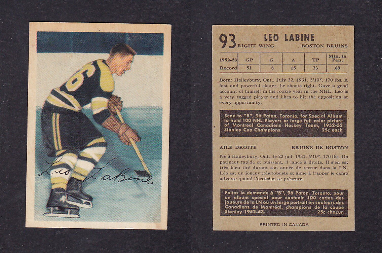 1953-54 PARKHURST HOCKEY CARD #93 L. LABINE photo