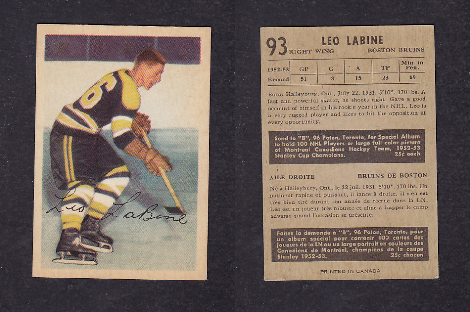 1953-54 PARKHURST HOCKEY CARD #93 L. LABINE photo