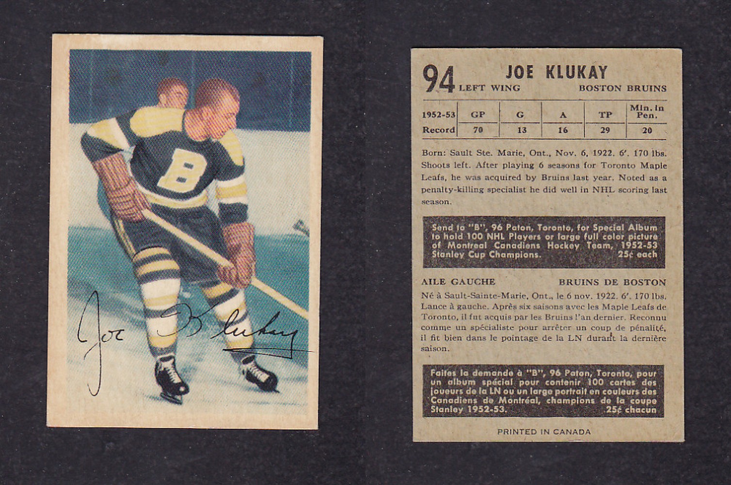 1953-54 PARKHURST HOCKEY CARD #94 J. KLUKAY photo