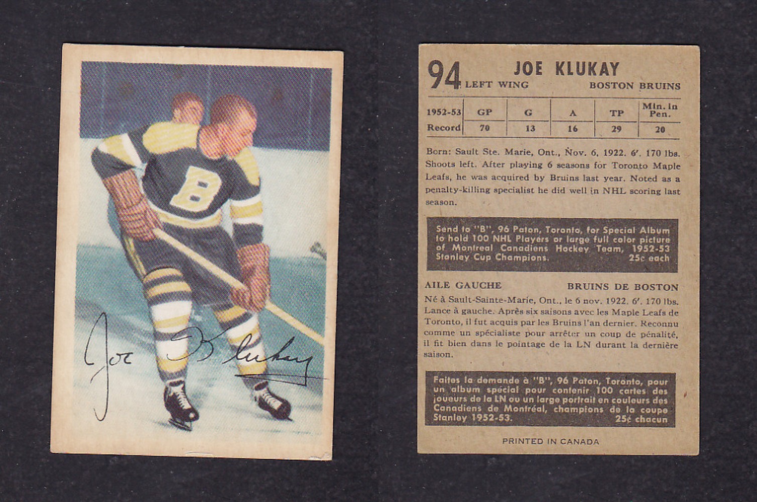 1953-54 PARKHURST HOCKEY CARD #94 J. KLUKAY photo