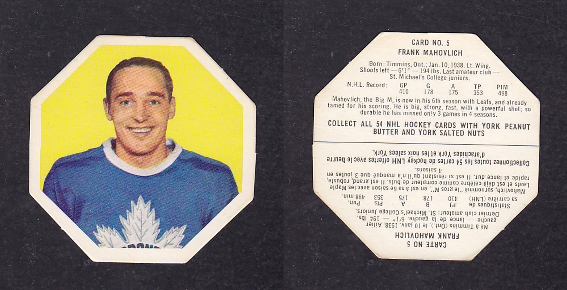 1963-64 YORK HOCKEY CARD #5 F. MAHOVLICH photo