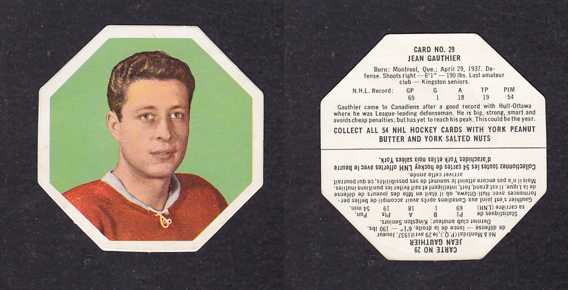 1963-64 YORK HOCKEY CARD #29 J. GAUTHIER photo