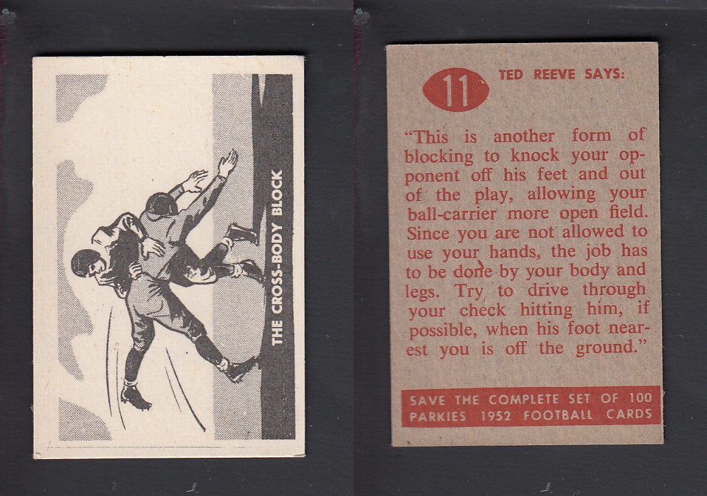1952 CFL PARKHURST FOOTBALL CARD #11 THE CROSS-BODY BLOCK photo