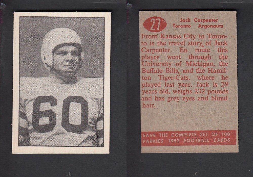 1952 CFL PARKHURST FOOTBALL CARD #27 J. CARPENTER photo