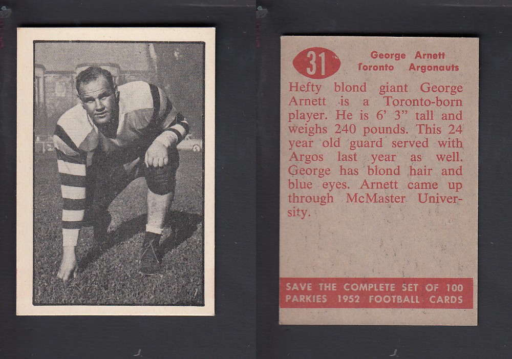 1952 CFL PARKHURST FOOTBALL CARD #31 G. ARNETT photo