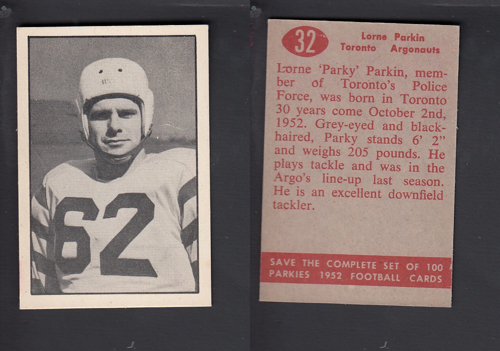 1952 CFL PARKHURST FOOTBALL CARD #32 L. PARKIN photo