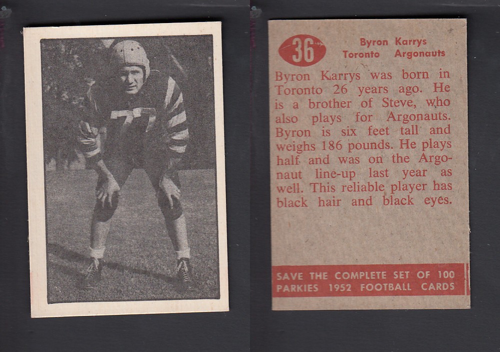 1952 CFL PARKHURST FOOTBALL CARD #36 B. KARRYS photo