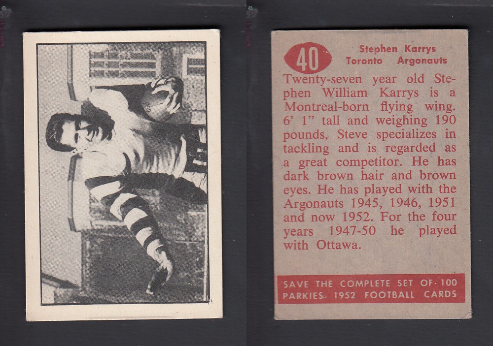 1952 CFL PARKHURST FOOTBALL CARD #40 S. KARRYS photo