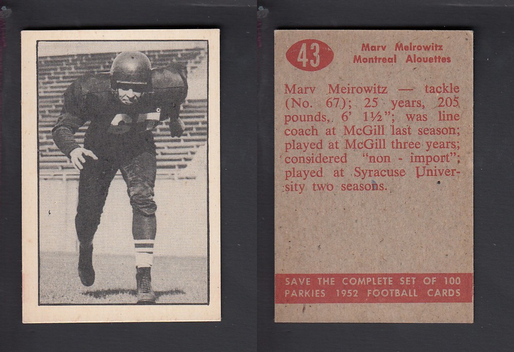 1952 CFL PARKHURST FOOTBALL CARD #43 M. MELROWITZ photo