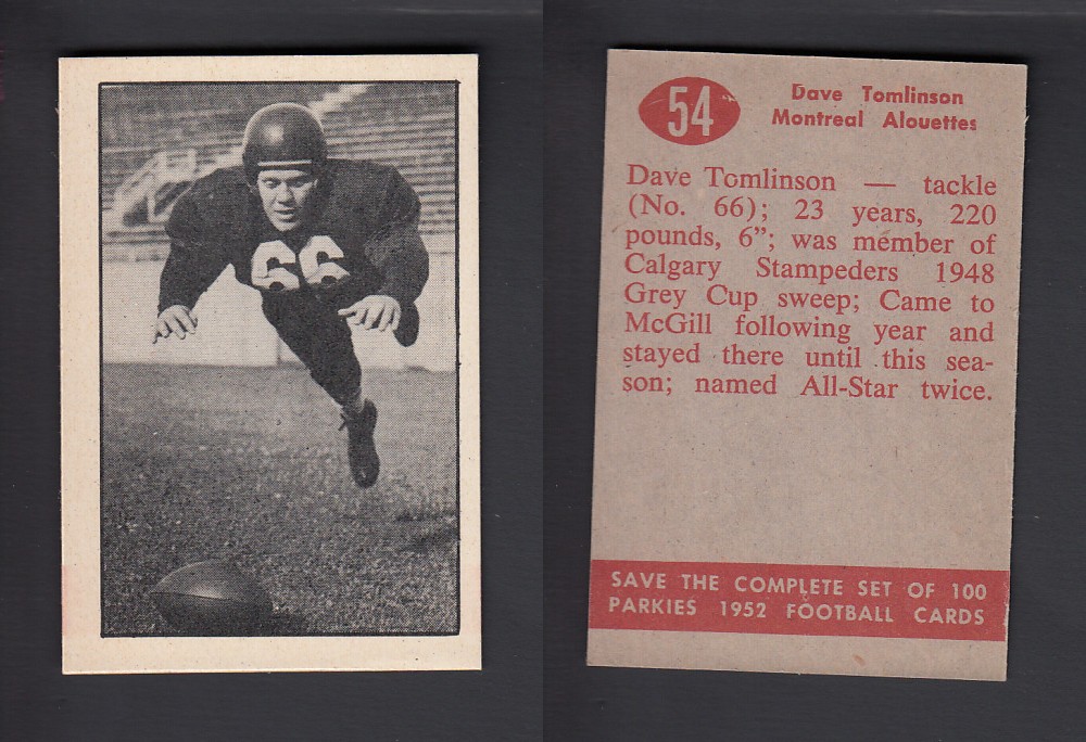 1952 CFL PARKHURST FOOTBALL CARD #54 D. TOMLINSON photo