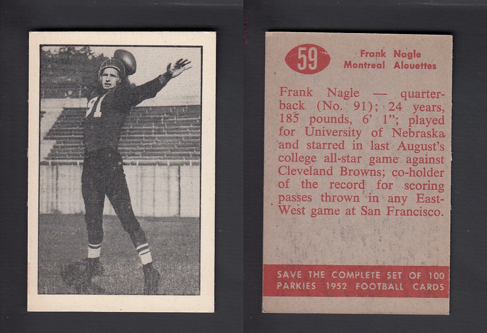 1952 CFL PARKHURST FOOTBALL CARD #59 F. NAGLE photo