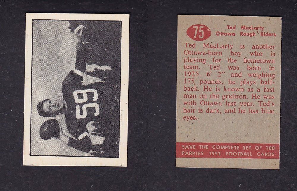 1952 CFL PARKHURST FOOTBALL CARD #75 T. McLARTY photo