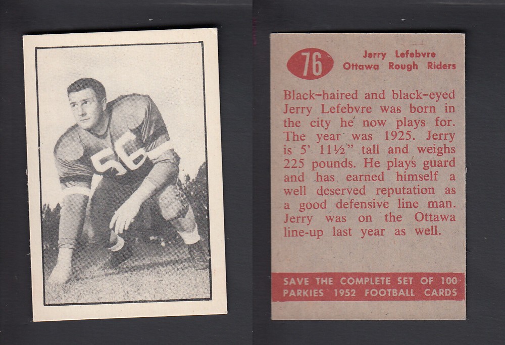 1952 CFL PARKHURST FOOTBALL CARD #76 J. LEFEBVRVE photo