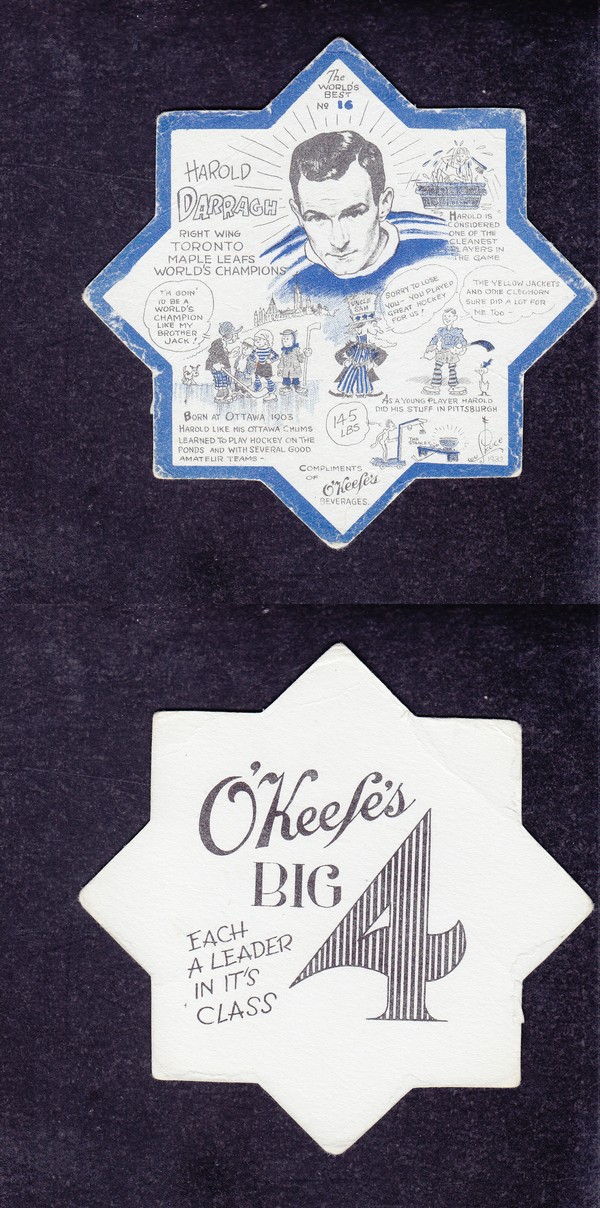 1932-33 TORONTO MAPLE LEAFS O'KEEFE COASTERS #16 H. DARRAGH  photo