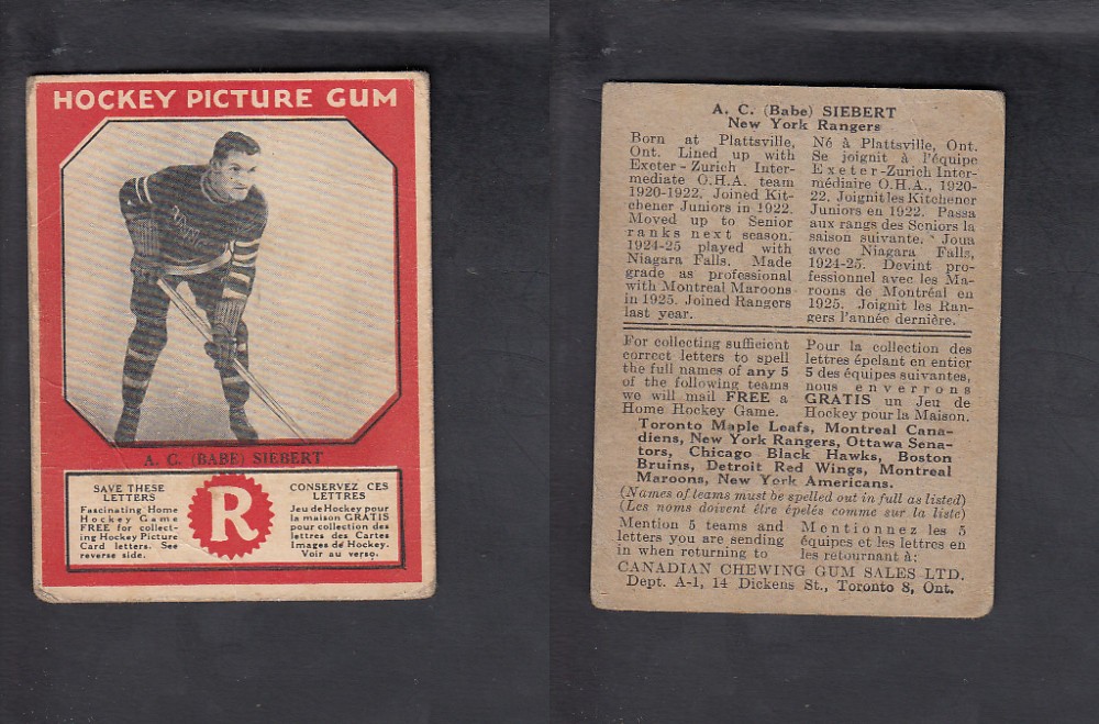 1933-34 CANADIAN CHEWING GUM HOCKEY CARD A.C. SIEBERT photo