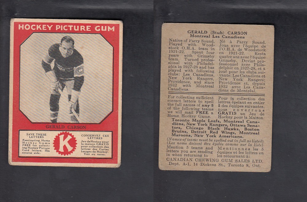 1933-34 CANADIAN CHEWING GUM HOCKEY CARD G. CARSON photo