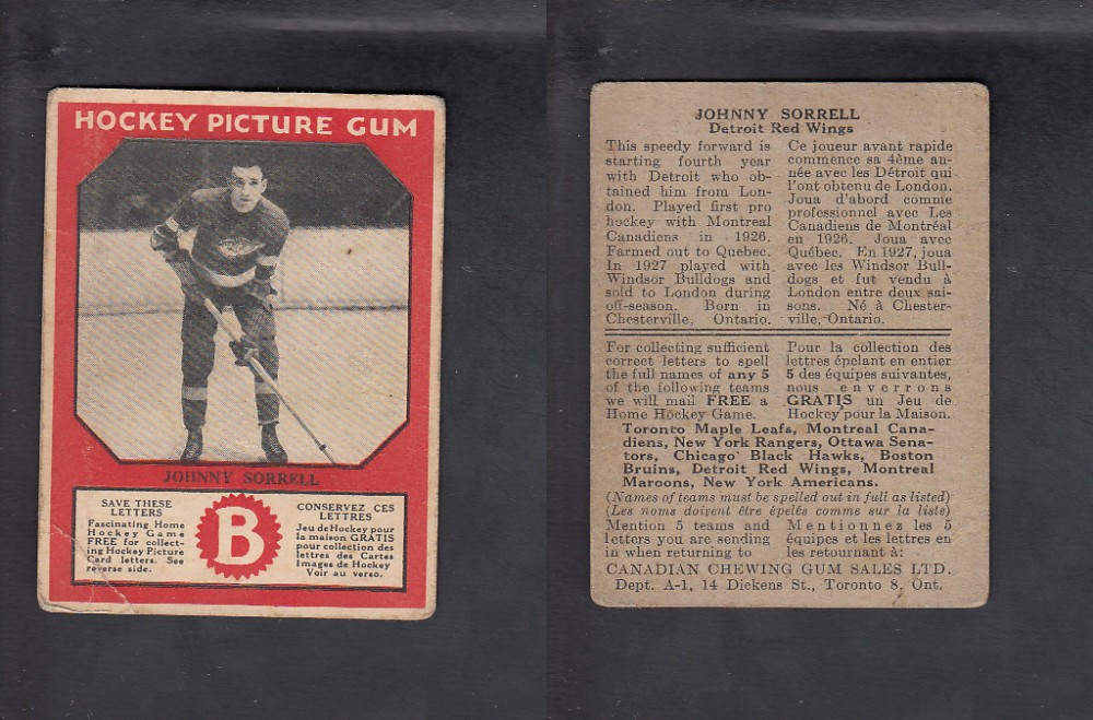 1933-34 CANADIAN CHEWING GUM HOCKEY CARD J. SORRELL photo