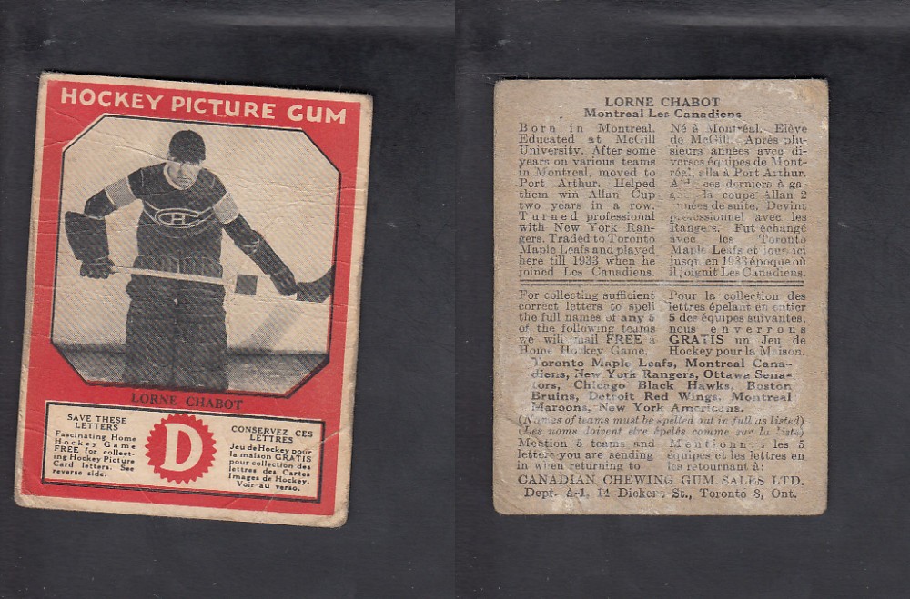 1933-34 CANADIAN CHEWING GUM HOCKEY CARD L. CHABOT photo