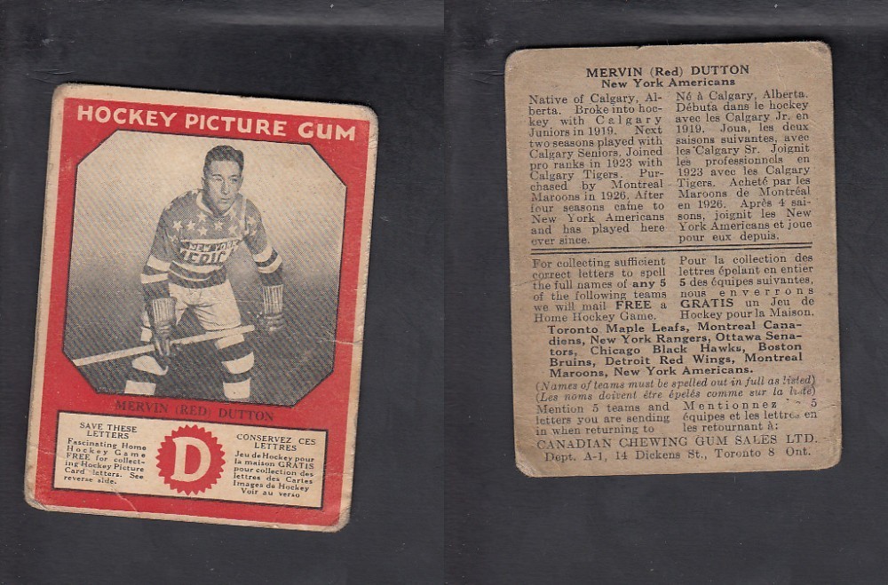 1933-34 CANADIAN CHEWING GUM HOCKEY CARD M. DUTTON photo