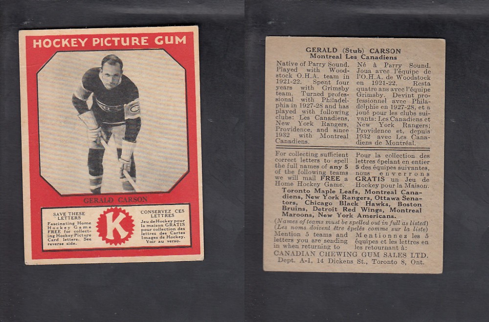 1933-34 CANADIAN CHEWING GUM HOCKEY CARD G. CARSON photo