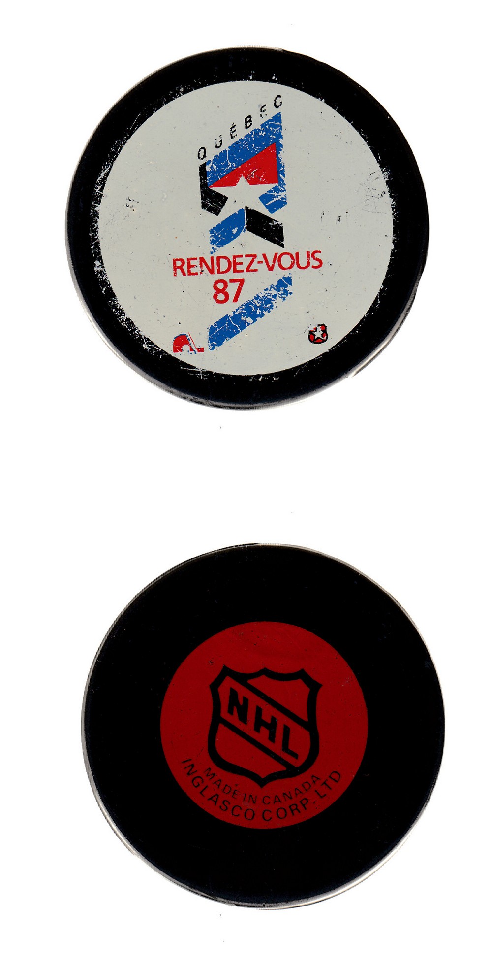 1985-87 IN GLAS CO QUEBEC RENDEZ-VOUS GAME PUCK photo