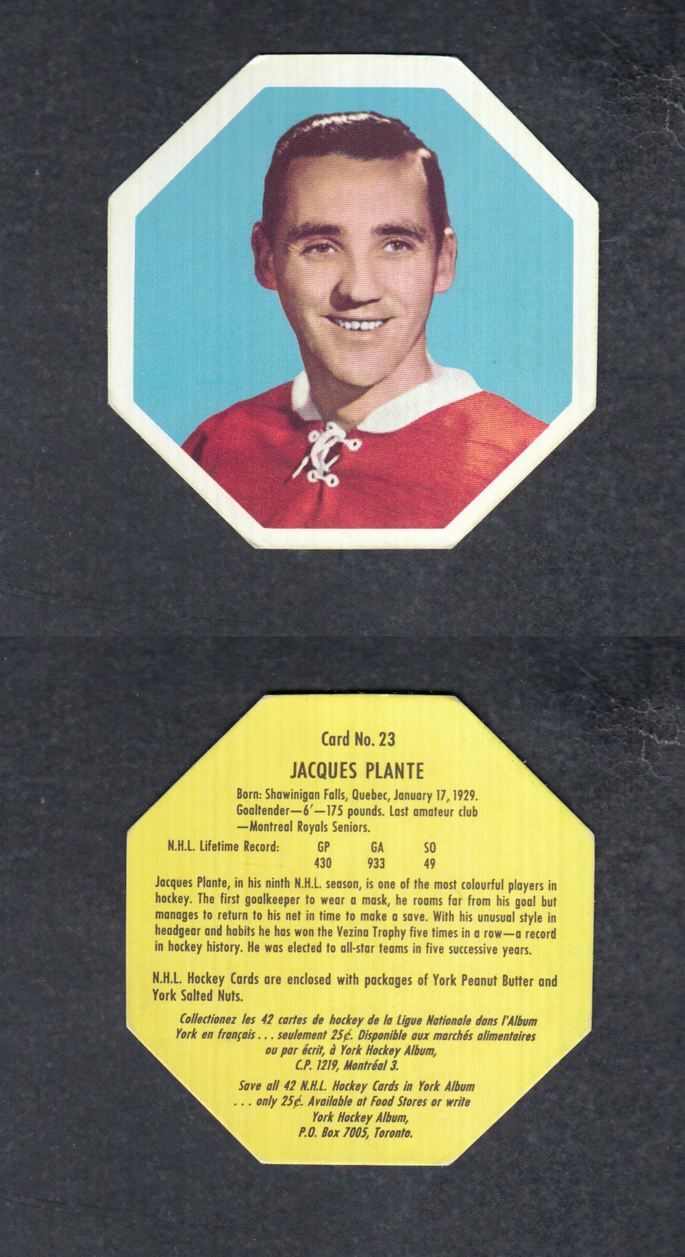 1961-62 YORK HOCKEY CARD #23 J. PLANTE photo