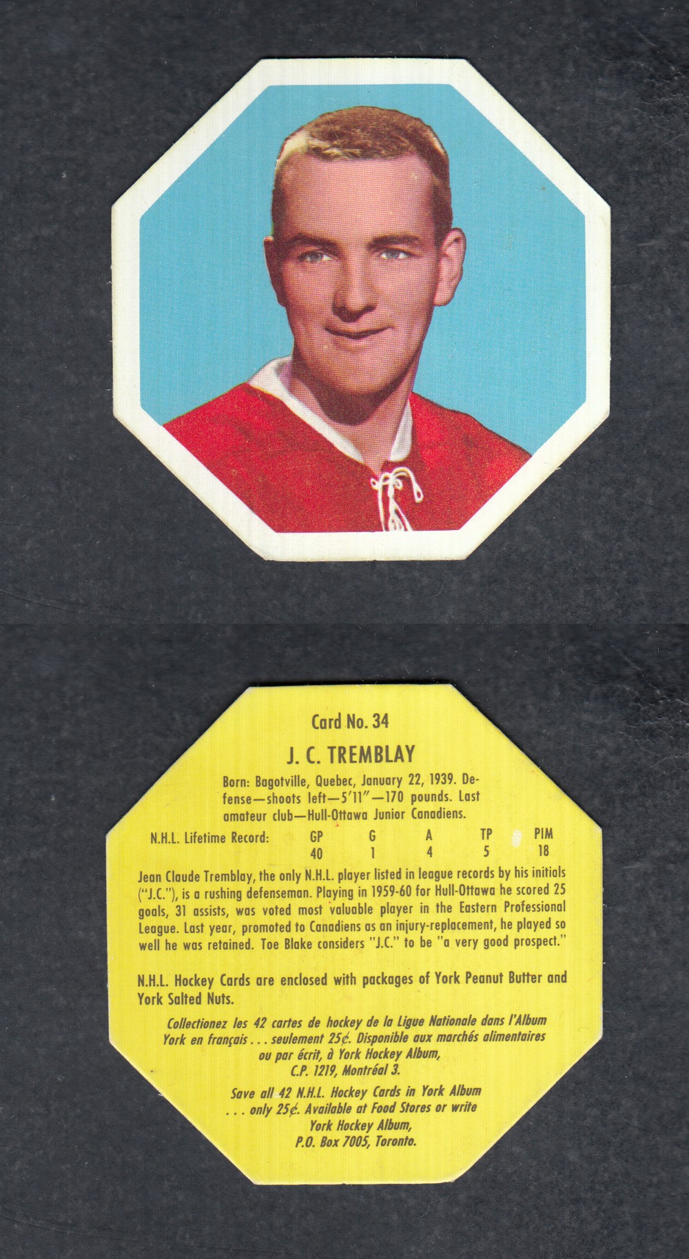 1961-62 YORK HOCKEY CARD #34 J. C. TREMBLAY photo