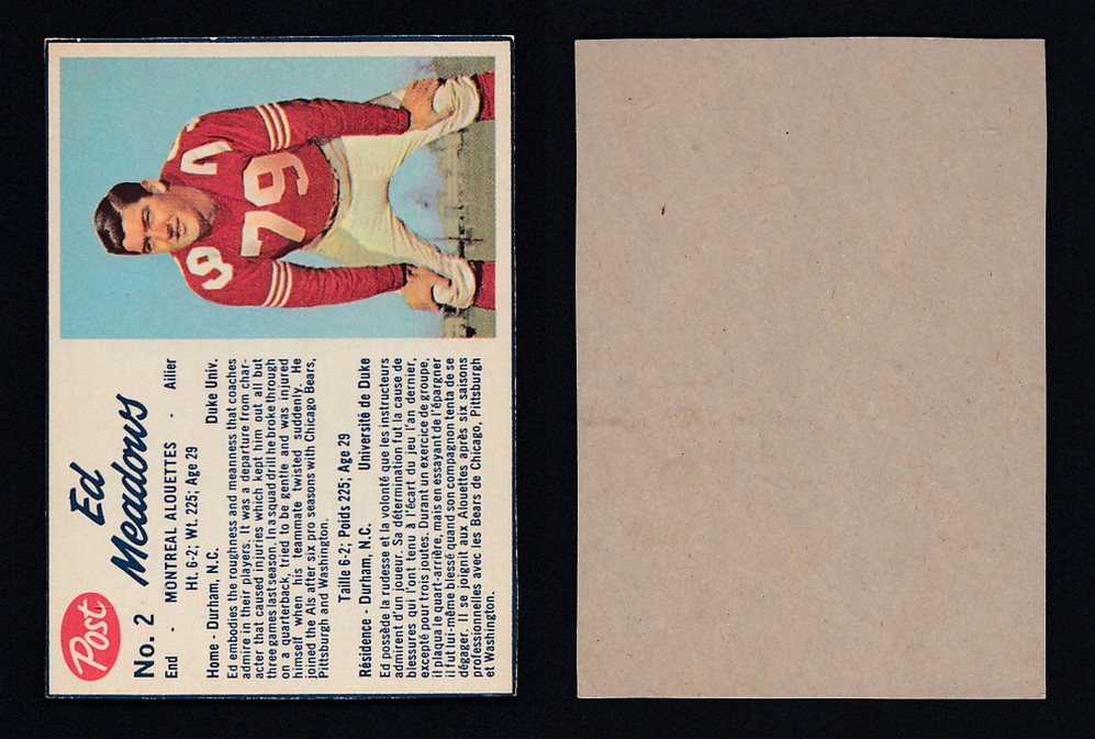 1962 CFL POST FOOTBALL CARD #2 E. MEADOWS photo