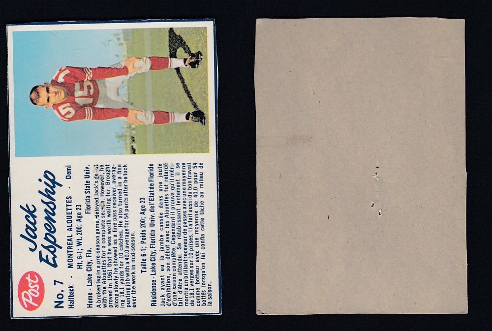 1962 CFL POST FOOTBALL CARD #7 J. ESPENSHIP photo