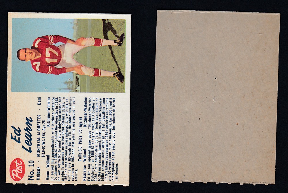 1962 CFL POST FOOTBALL CARD #10 E. LEARN photo
