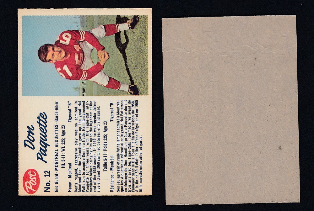 1962 CFL POST FOOTBALL CARD #12 D. PAQUETTE photo