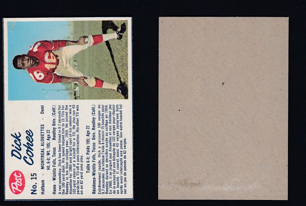 1962 CFL POST FOOTBALL CARD #15 D. COHEE photo