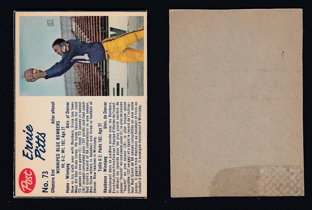 1962 CFL POST FOOTBALL CARD #73 E. PITTS  photo