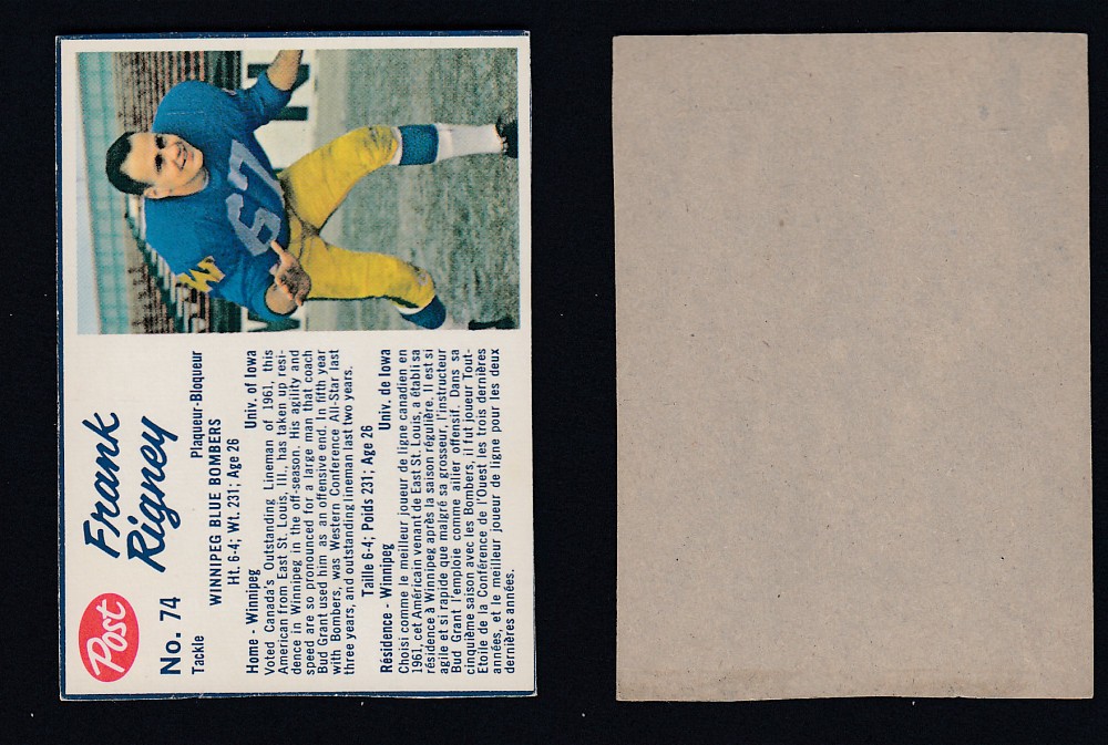 1962 CFL POST FOOTBALL CARD #74 F. RIGNEY  photo