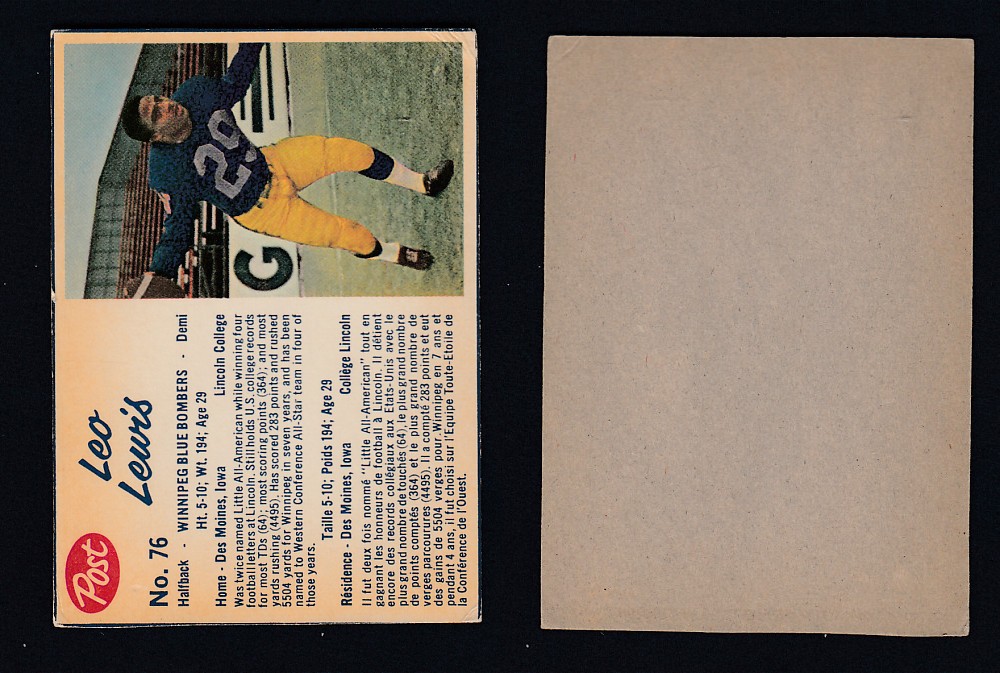 1962 CFL POST FOOTBALL CARD #76 L. LEWIS  photo