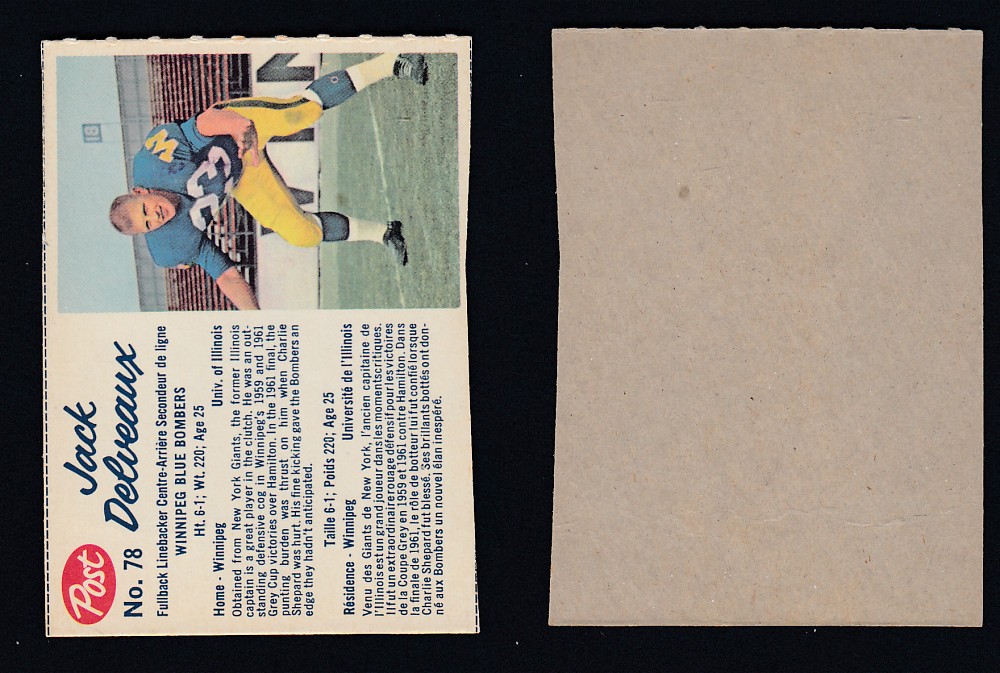 1962 CFL POST FOOTBALL CARD #78 J. DELVEAUX photo