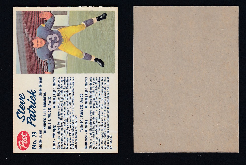 1962 CFL POST FOOTBALL CARD #79 S. PATRICK  photo