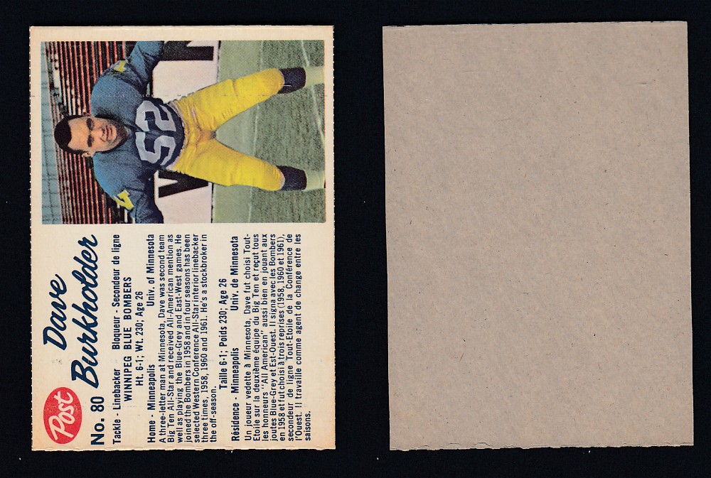 1962 CFL POST FOOTBALL CARD #80 D. BURKHOLDER photo