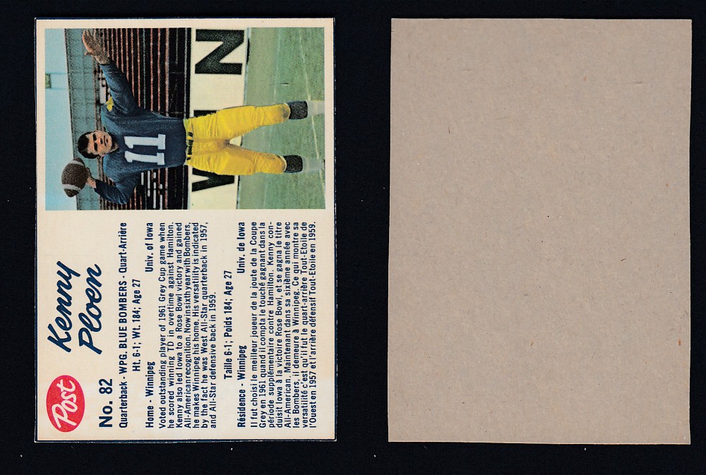 1962 CFL POST FOOTBALL CARD #82 K. PLOEN  photo