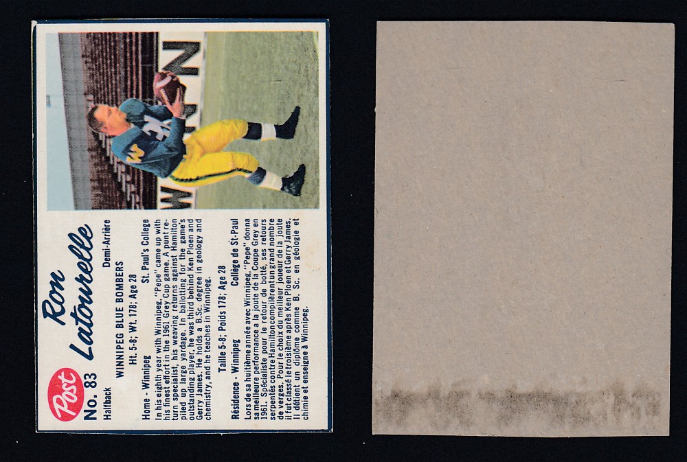 1962 CFL POST FOOTBALL CARD #83 R. LATOURELLE photo