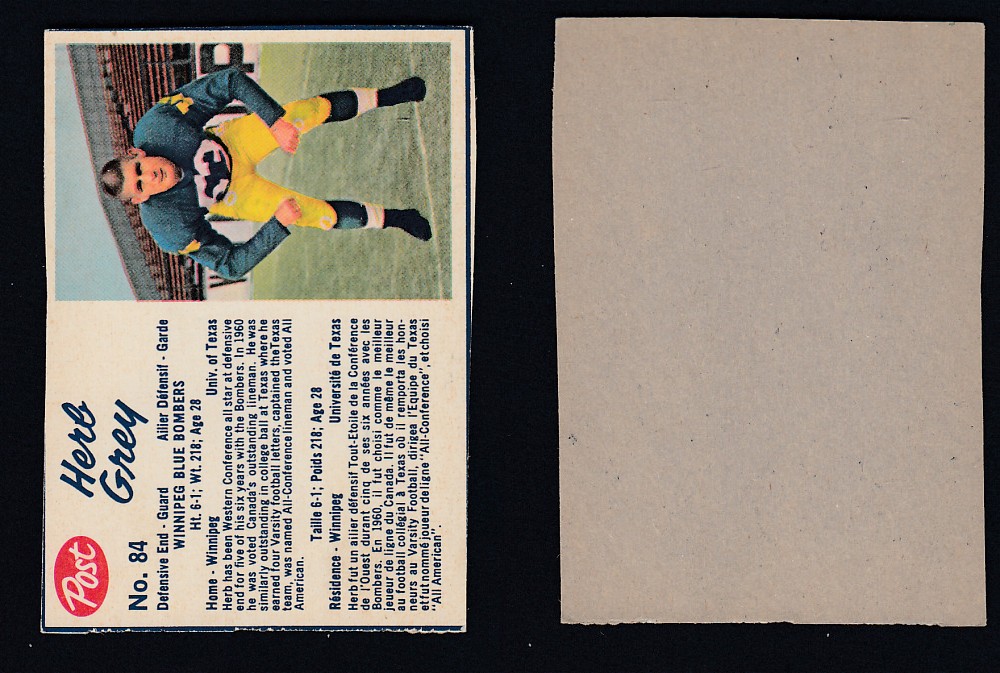 1962 CFL POST FOOTBALL CARD #84 H. GREY  photo