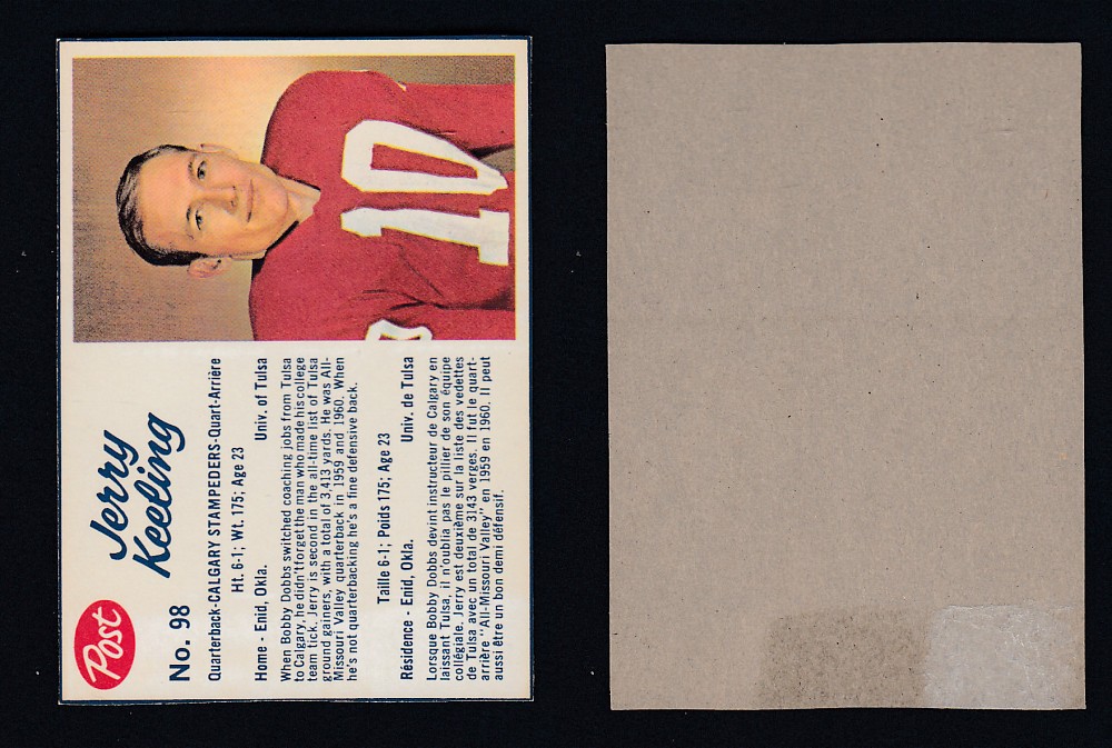 1962 CFL POST FOOTBALL CARD #98 J. KEELING photo